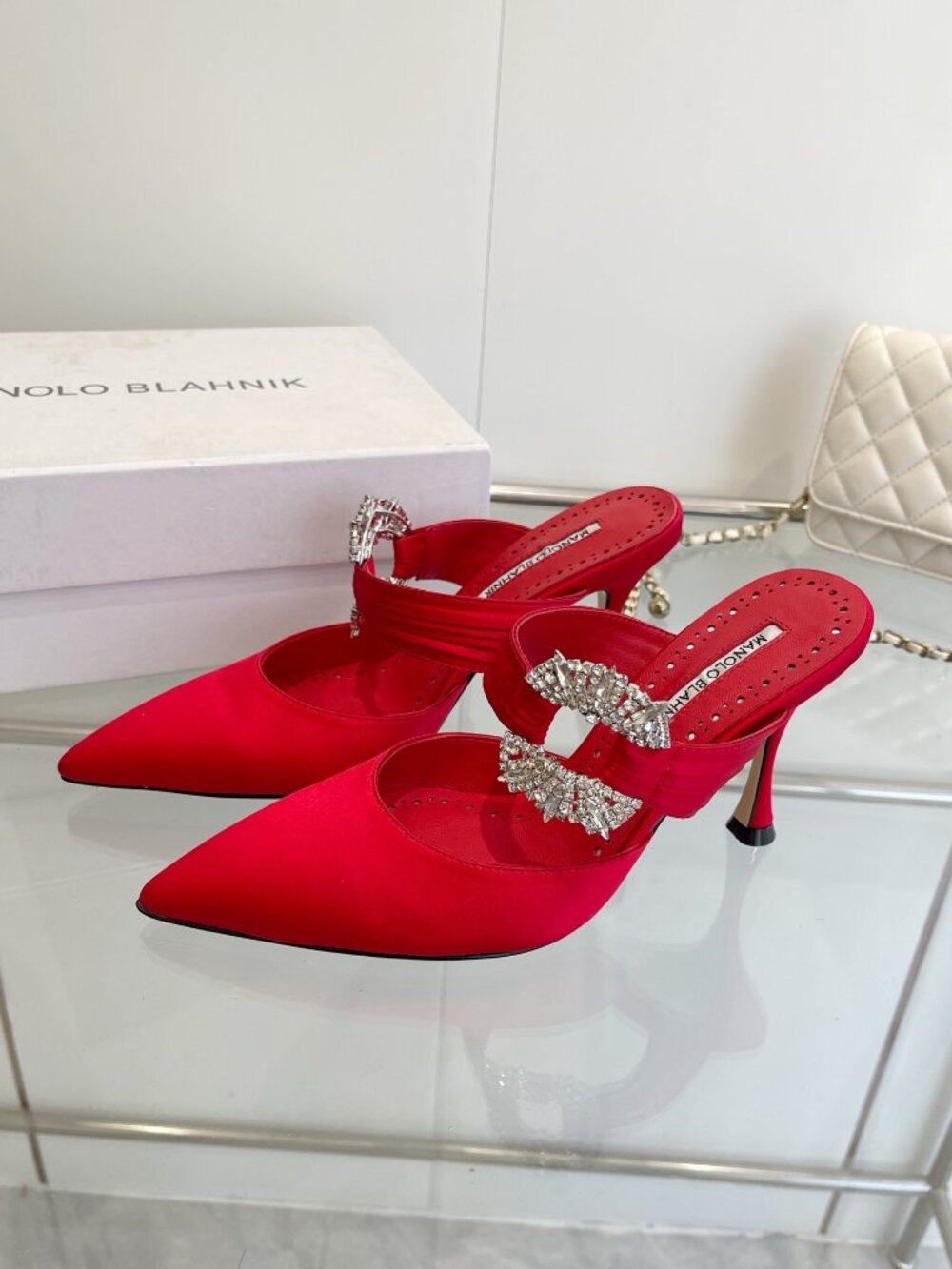 Manolo Blahnik Crystal Embellished Red Satin Pointed-Toe Mules